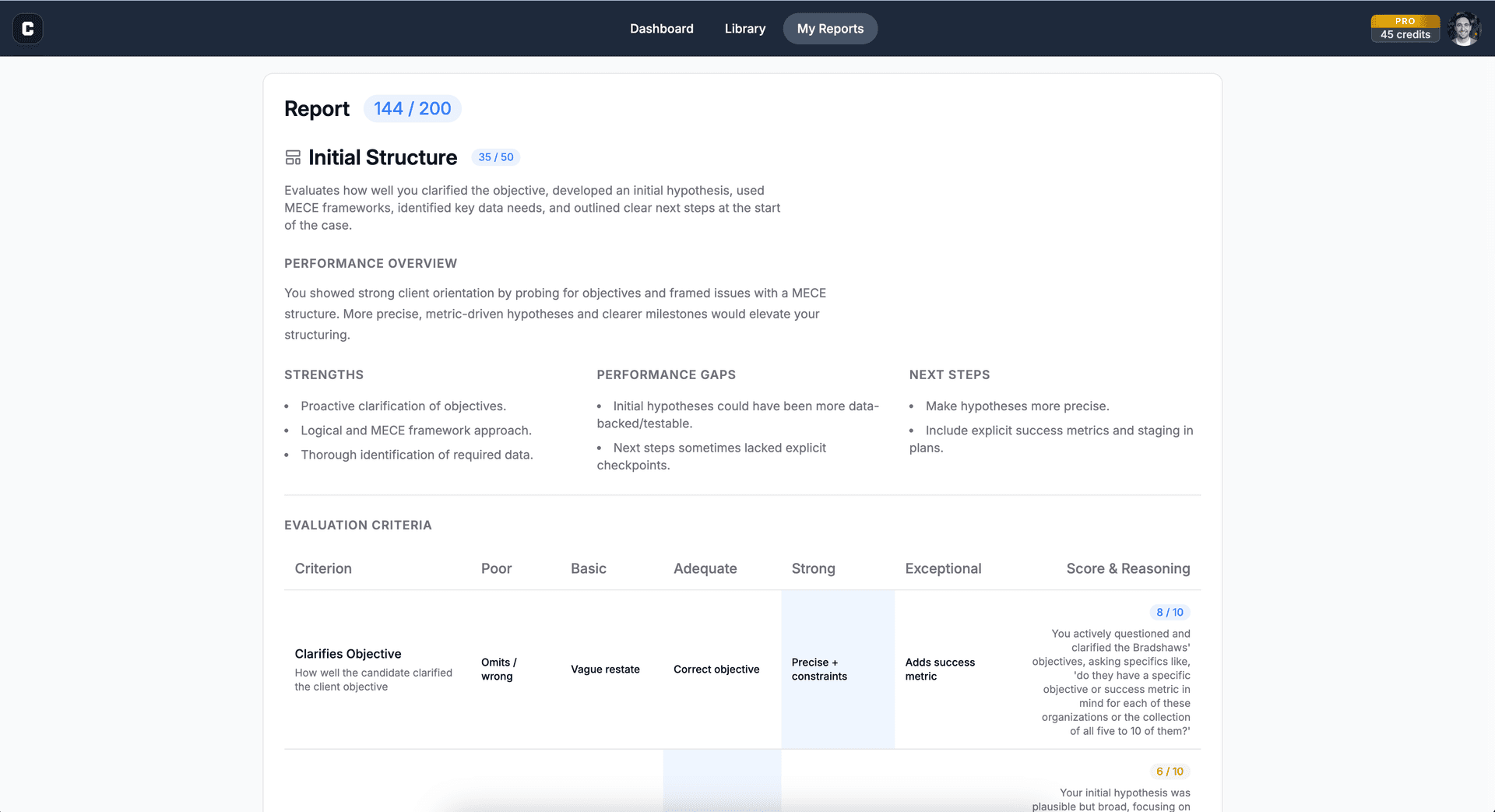 Case interview practice feedback interface