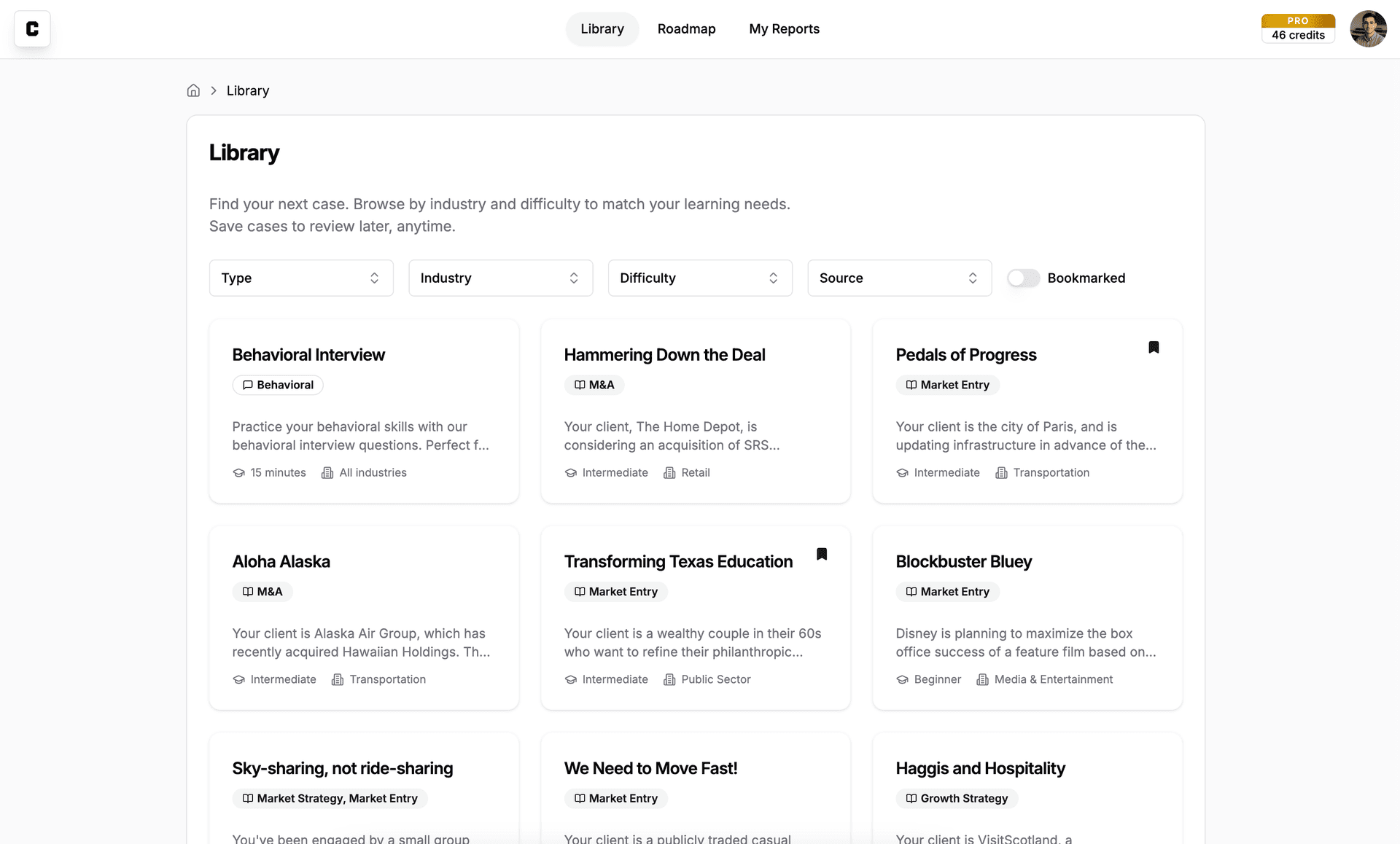 Case study selection interface