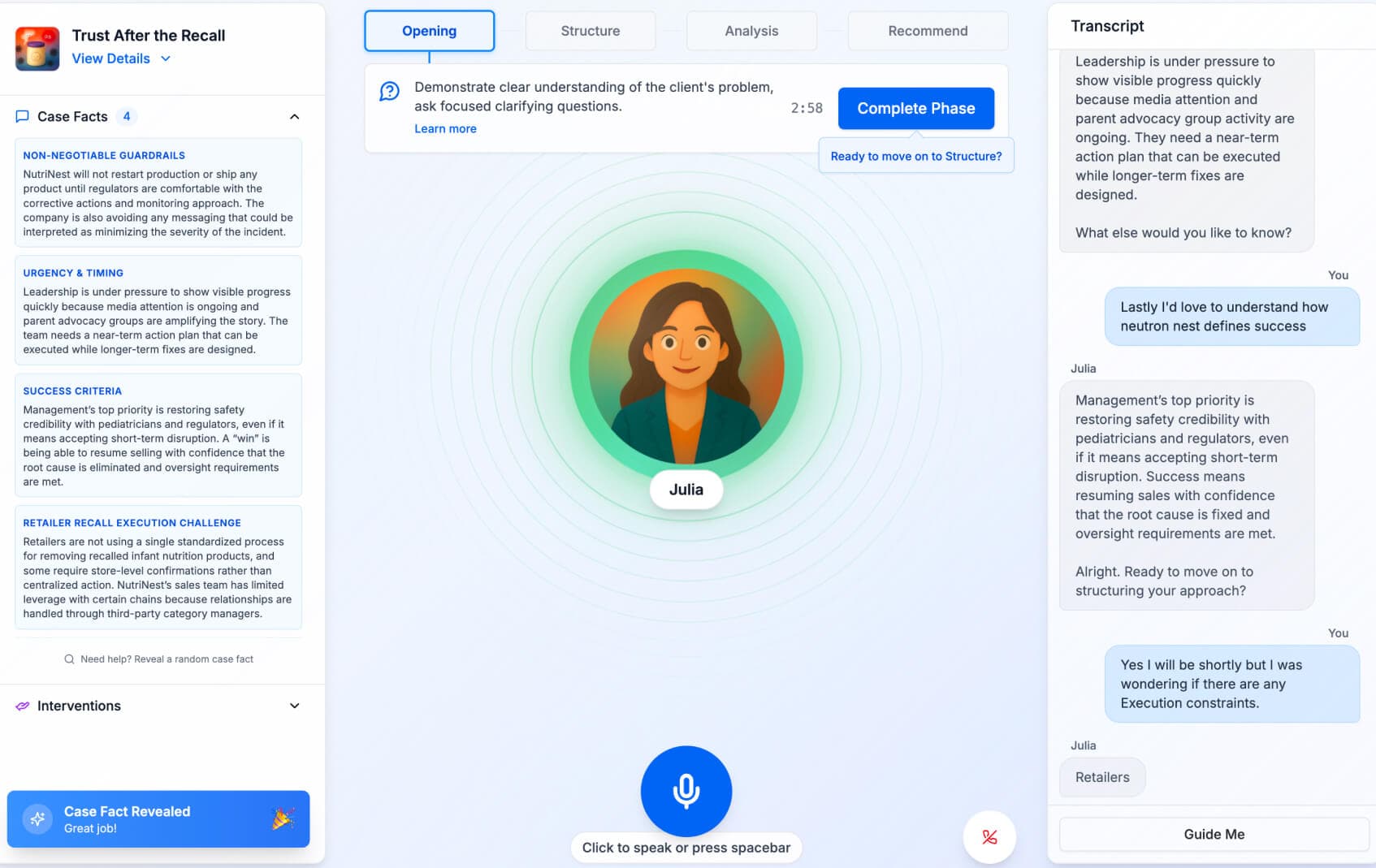 CaseTutor AI interview interface with voice interaction