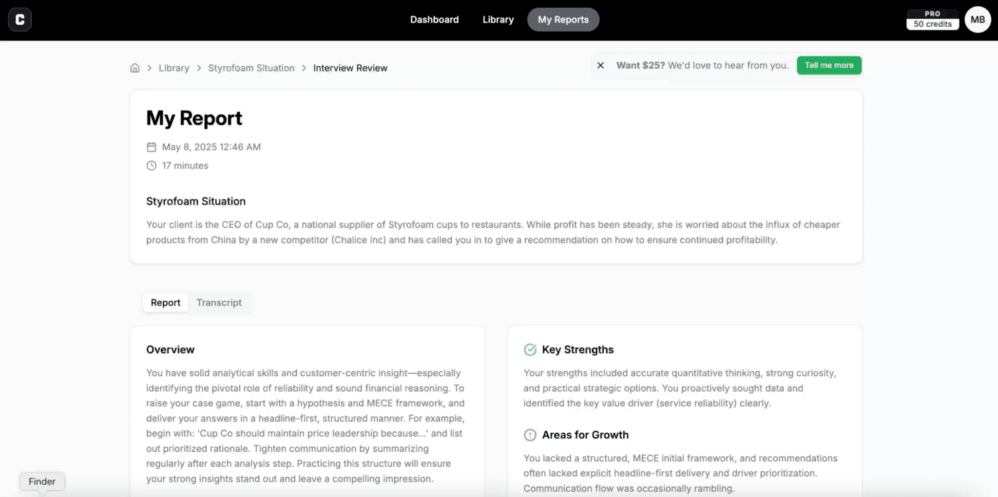 Case interview practice feedback interface